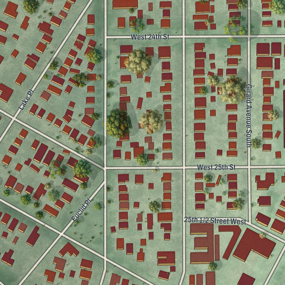 Close-up of the map of East Isles, Minnesota print showing street and building detail