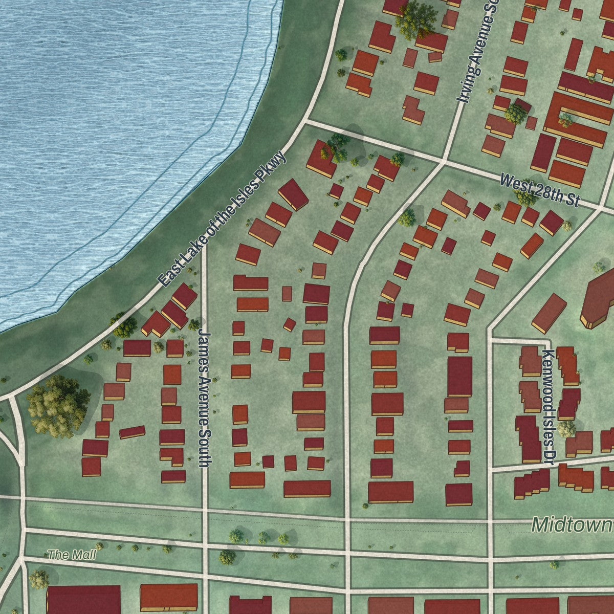 Second close-up of the map of East Isles, Minnesota print showing more streets and buildings