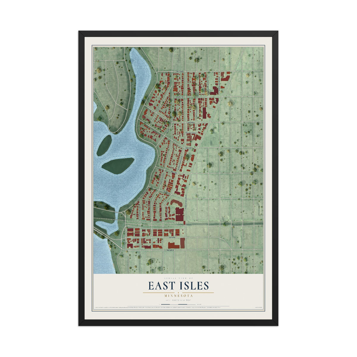 Map of East Isles, Minnesota, 12 x 18 inch print in a black wood frame