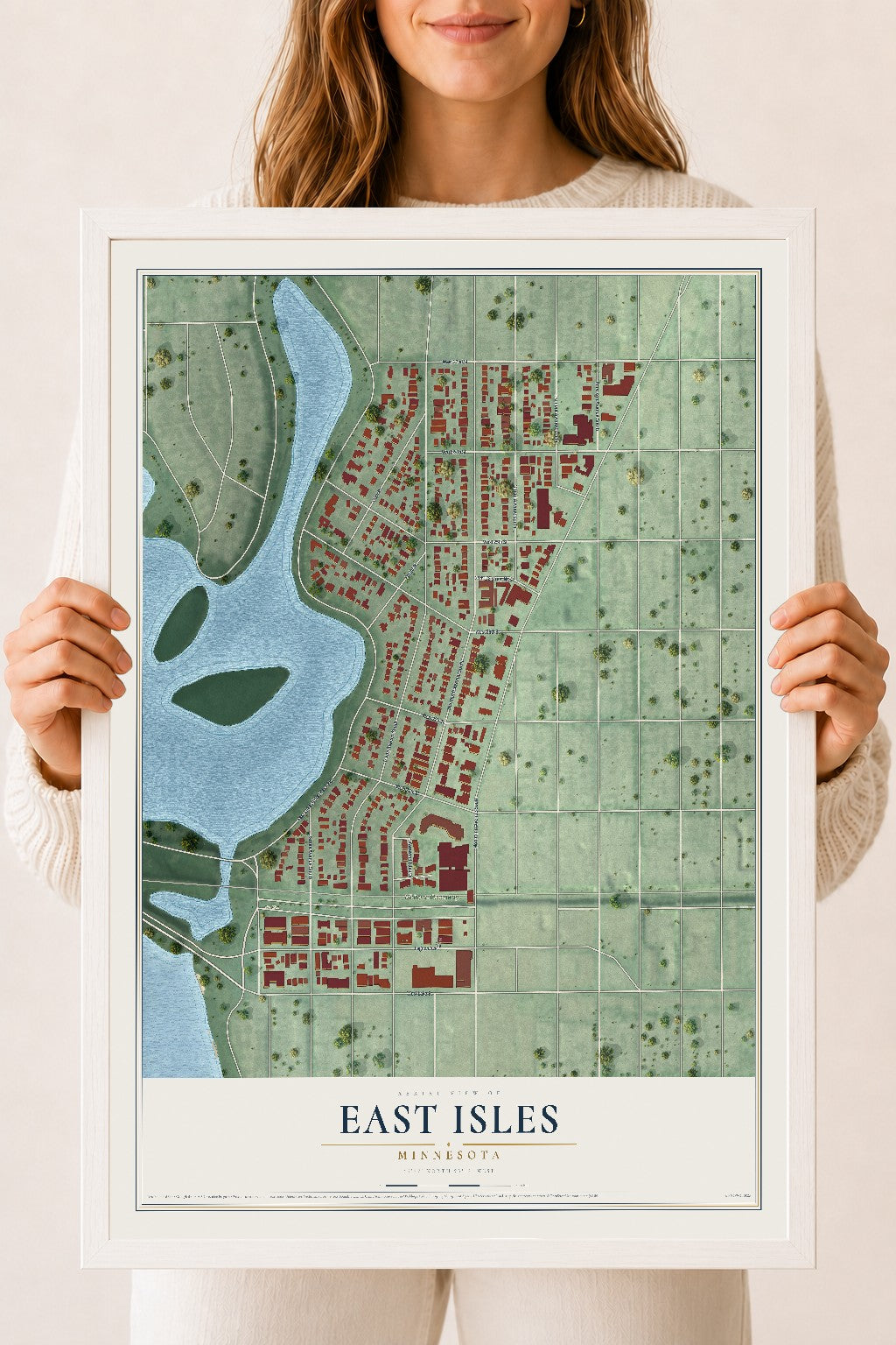 Map of East Isles, Minnesota, 18 x 24 inch print in a white wood frame