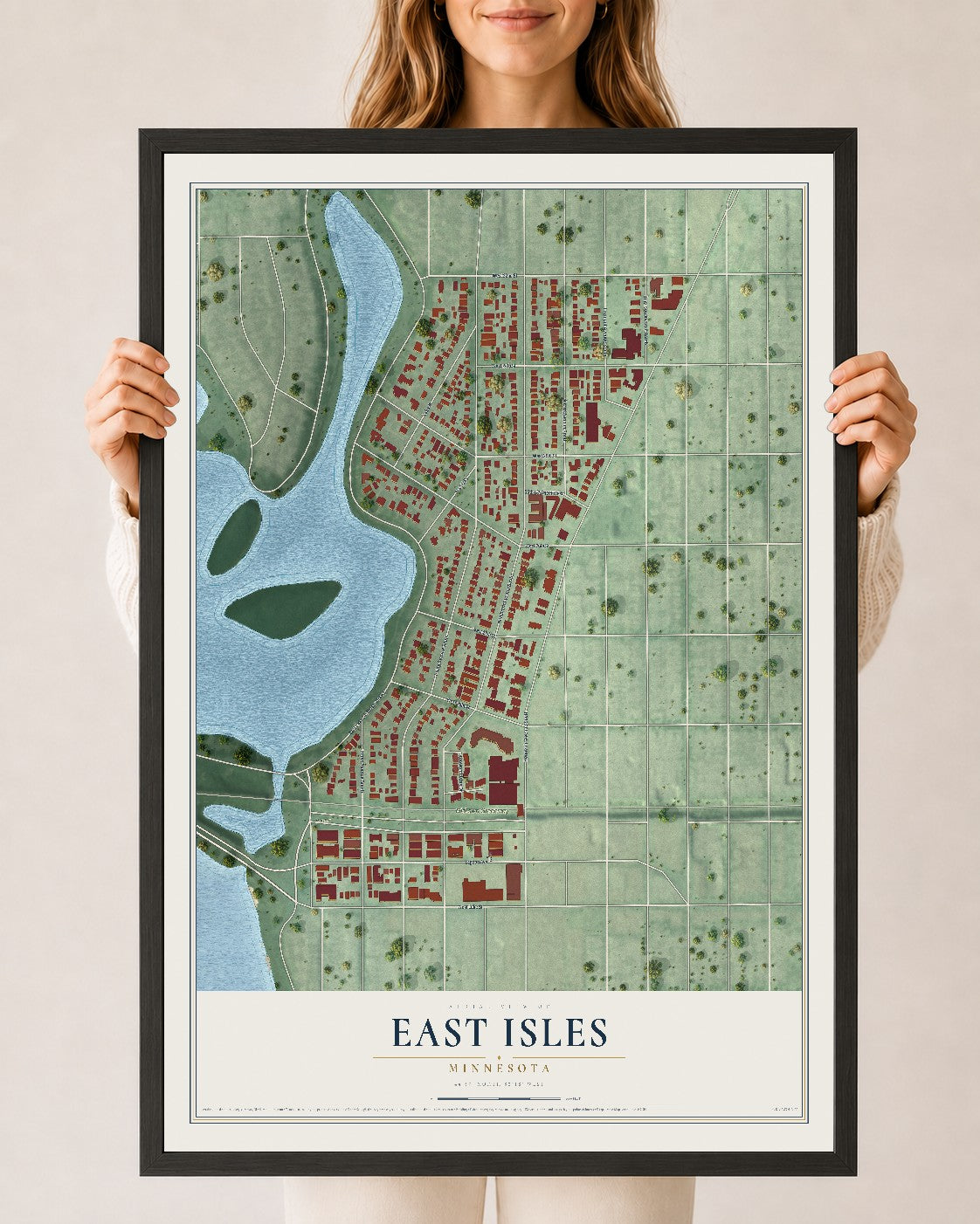 Map of East Isles, Minnesota, 24 x 36 inch print in a black wood frame