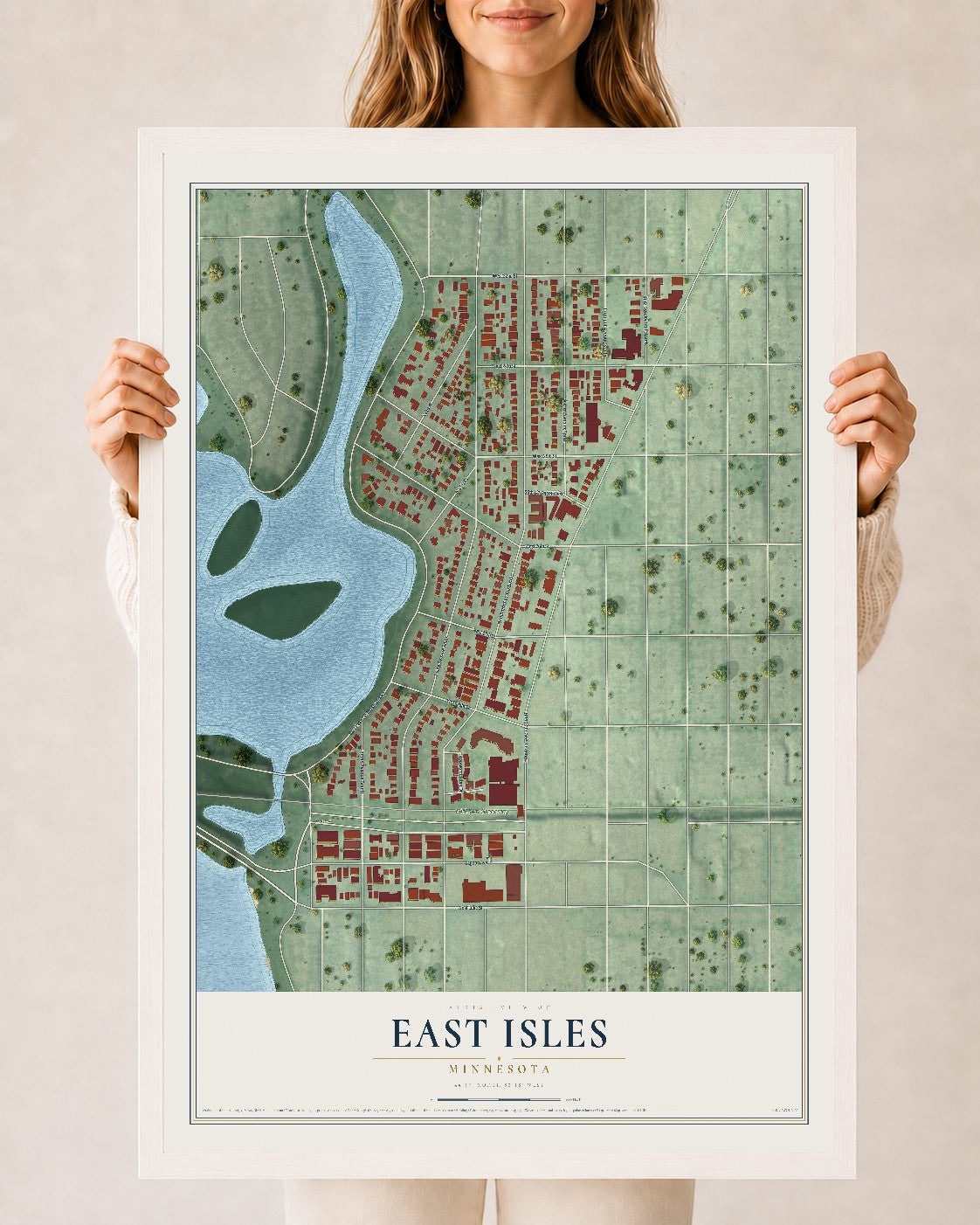 Map of East Isles, Minnesota, 24 x 36 inch print in a white wood frame