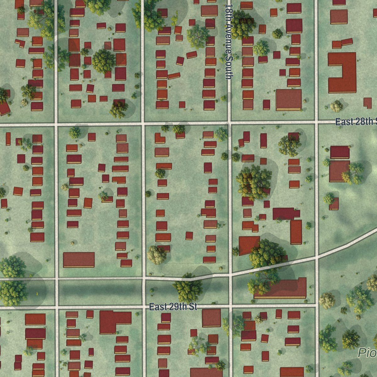 Close-up of the map of East Phillips, Minnesota print showing street and building detail