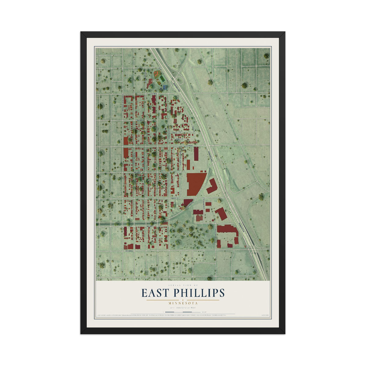 Map of East Phillips, Minnesota, 12 x 18 inch print in a black wood frame