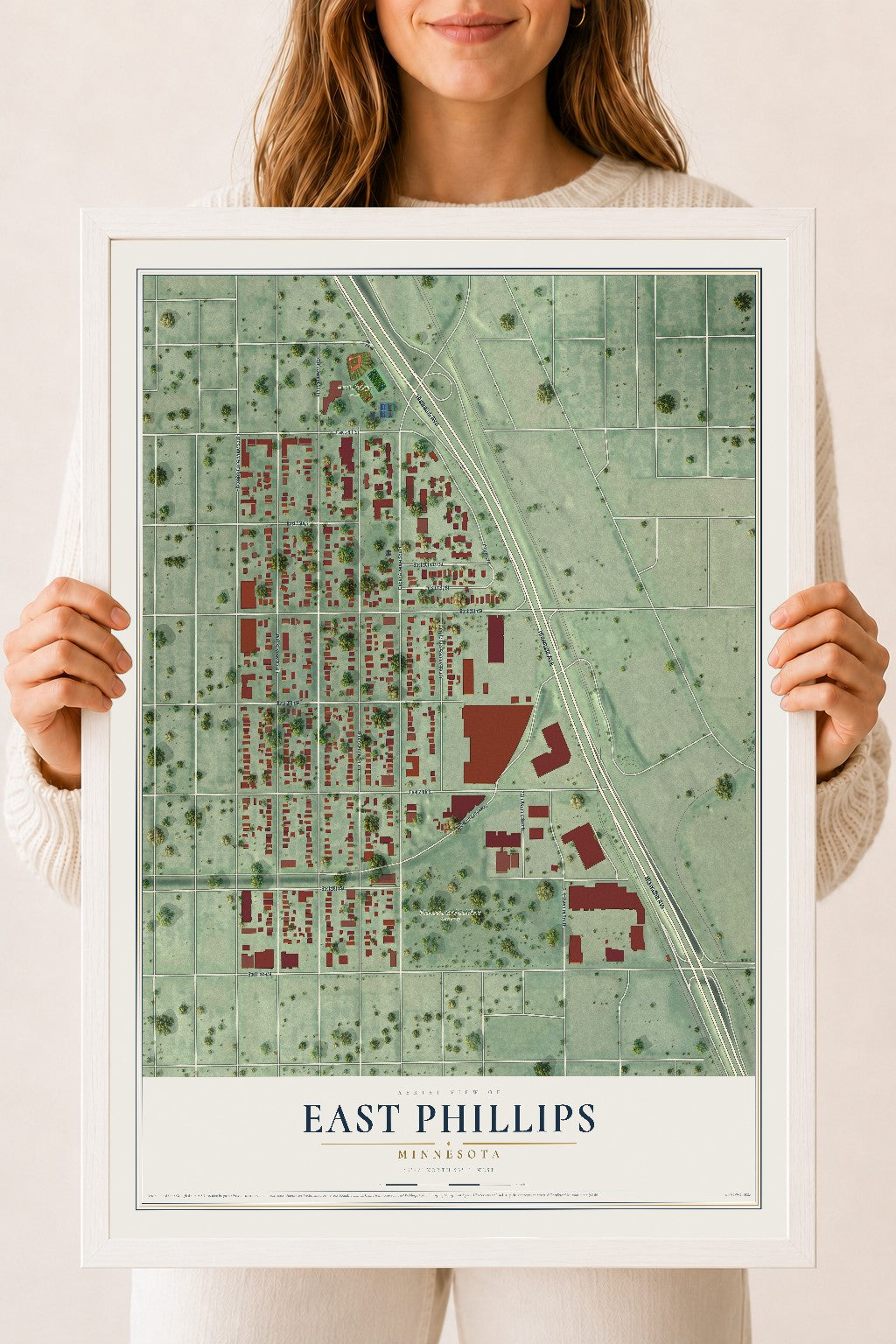 Map of East Phillips, Minnesota, 18 x 24 inch print in a white wood frame