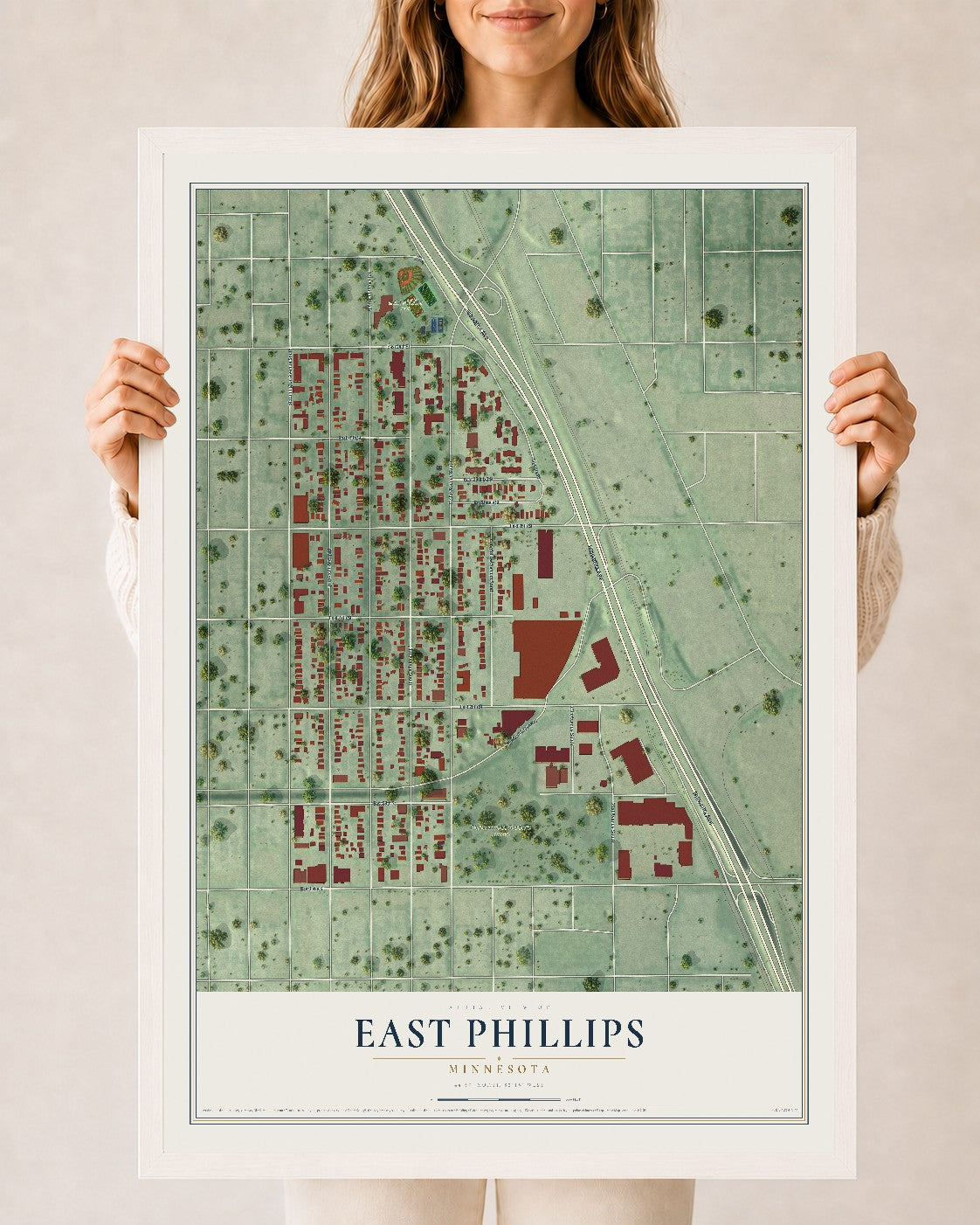 Map of East Phillips, Minnesota, 24 x 36 inch print in a white wood frame