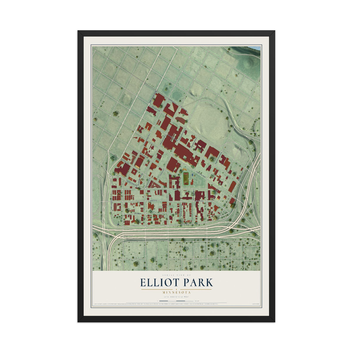 Map of Elliot Park, Minnesota, 12 x 18 inch print in a black wood frame