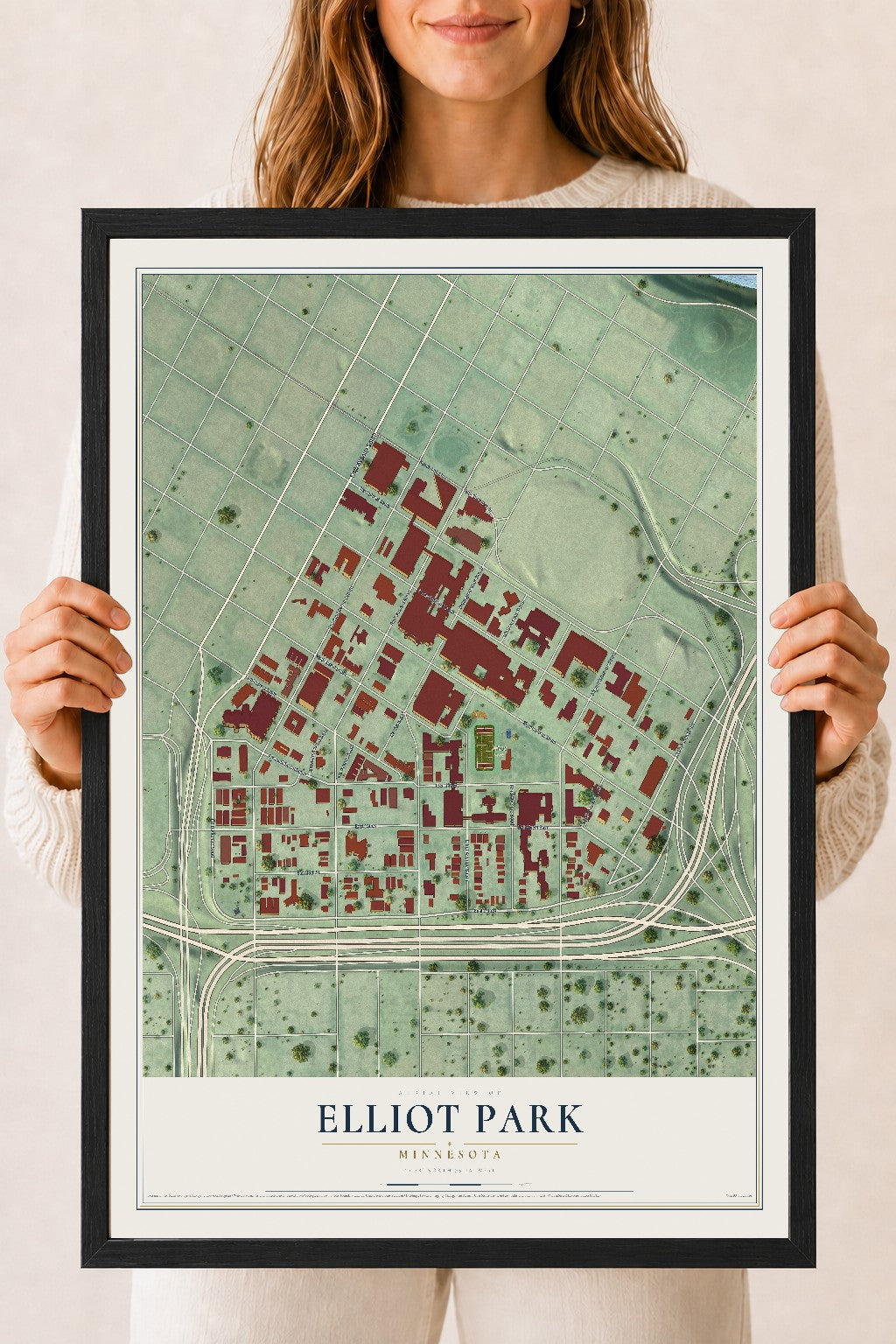 Map of Elliot Park, Minnesota, 18 x 24 inch print in a black wood frame