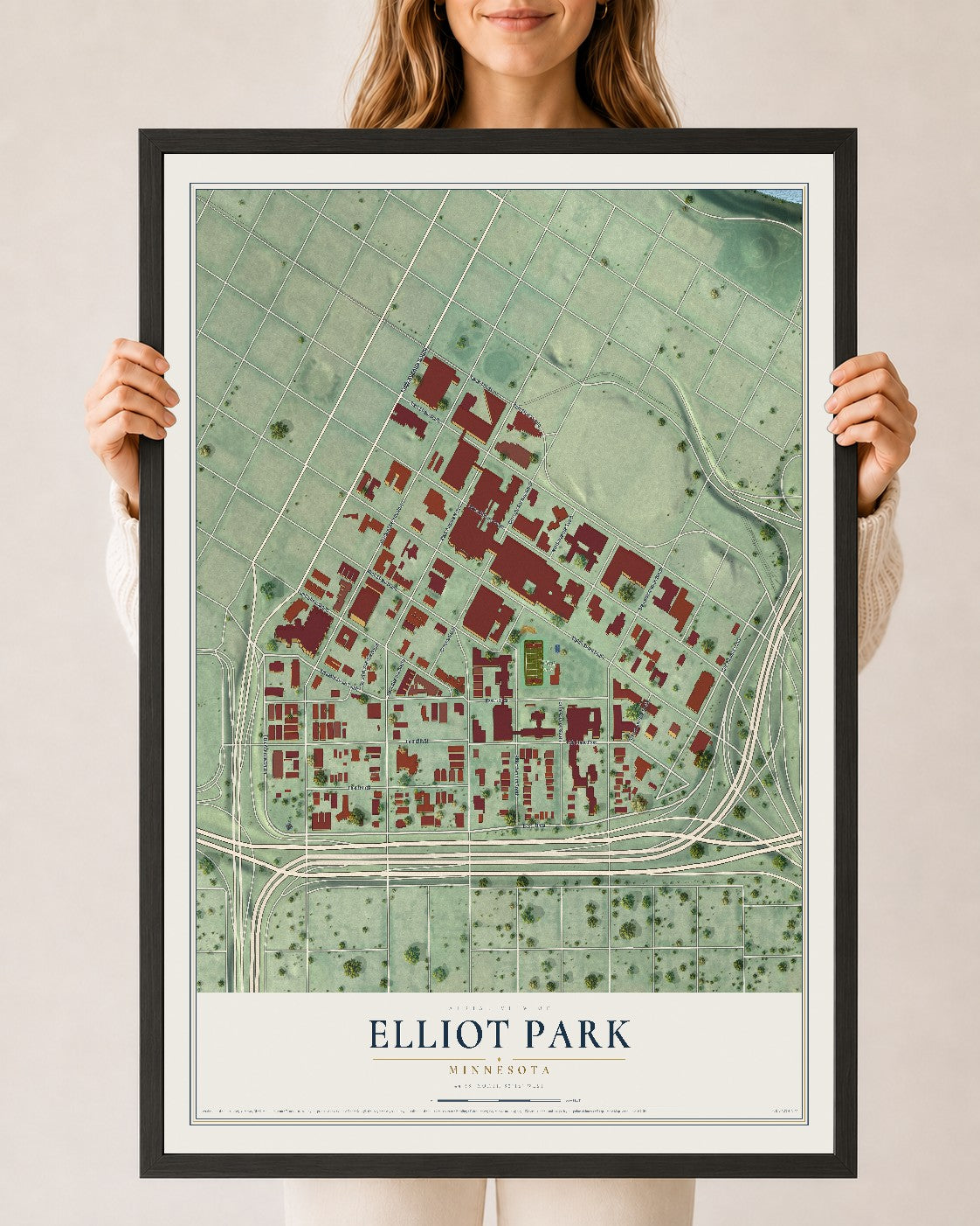 Map of Elliot Park, Minnesota, 24 x 36 inch print in a black wood frame