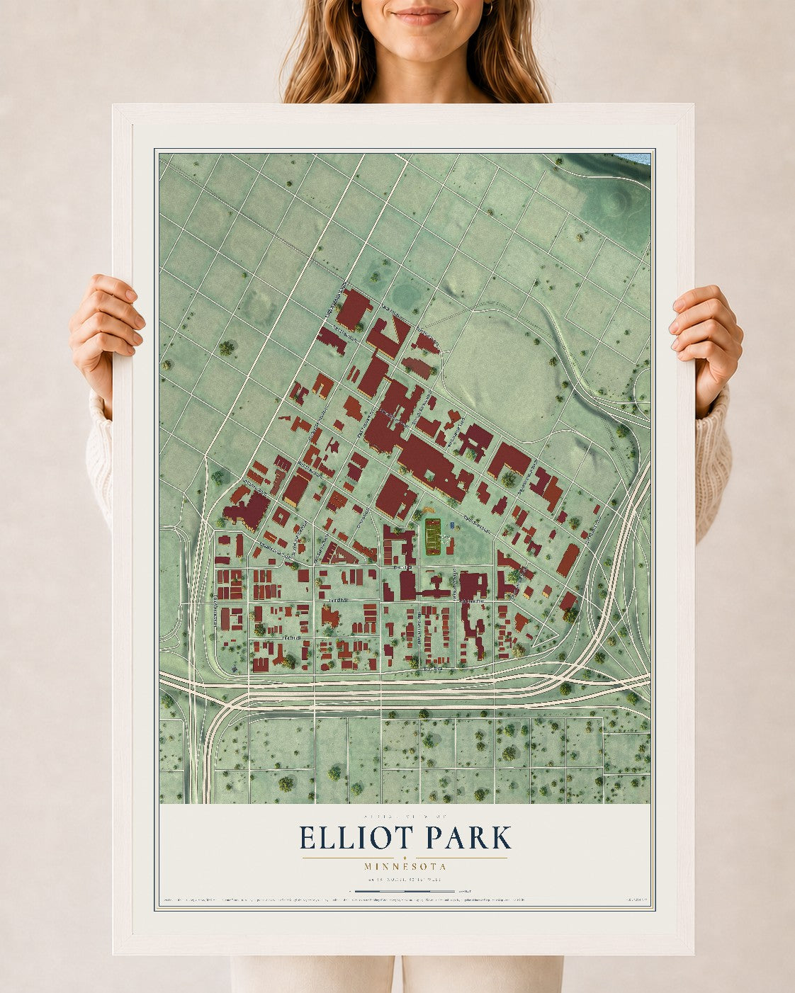 Map of Elliot Park, Minnesota, 24 x 36 inch print in a white wood frame