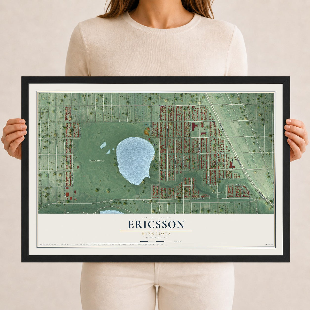 Map of Ericsson, Minnesota, 12 x 18 inch print in a black wood frame