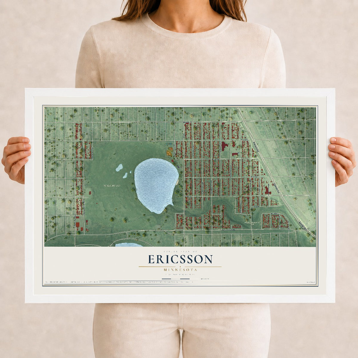 Map of Ericsson, Minnesota, 12 x 18 inch print in a white wood frame