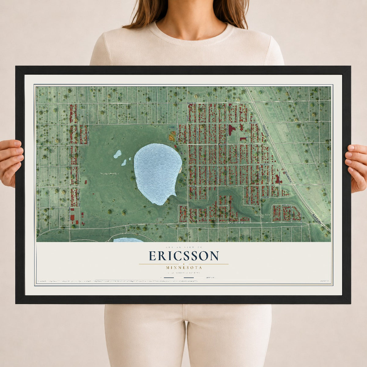 Map of Ericsson, Minnesota, 18 x 24 inch print in a black wood frame