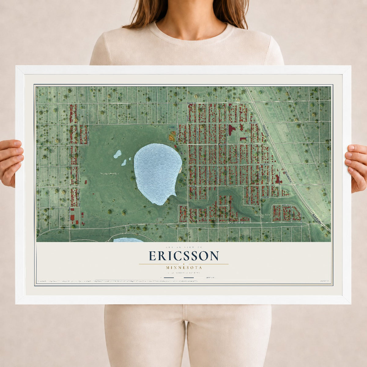 Map of Ericsson, Minnesota, 18 x 24 inch print in a white wood frame