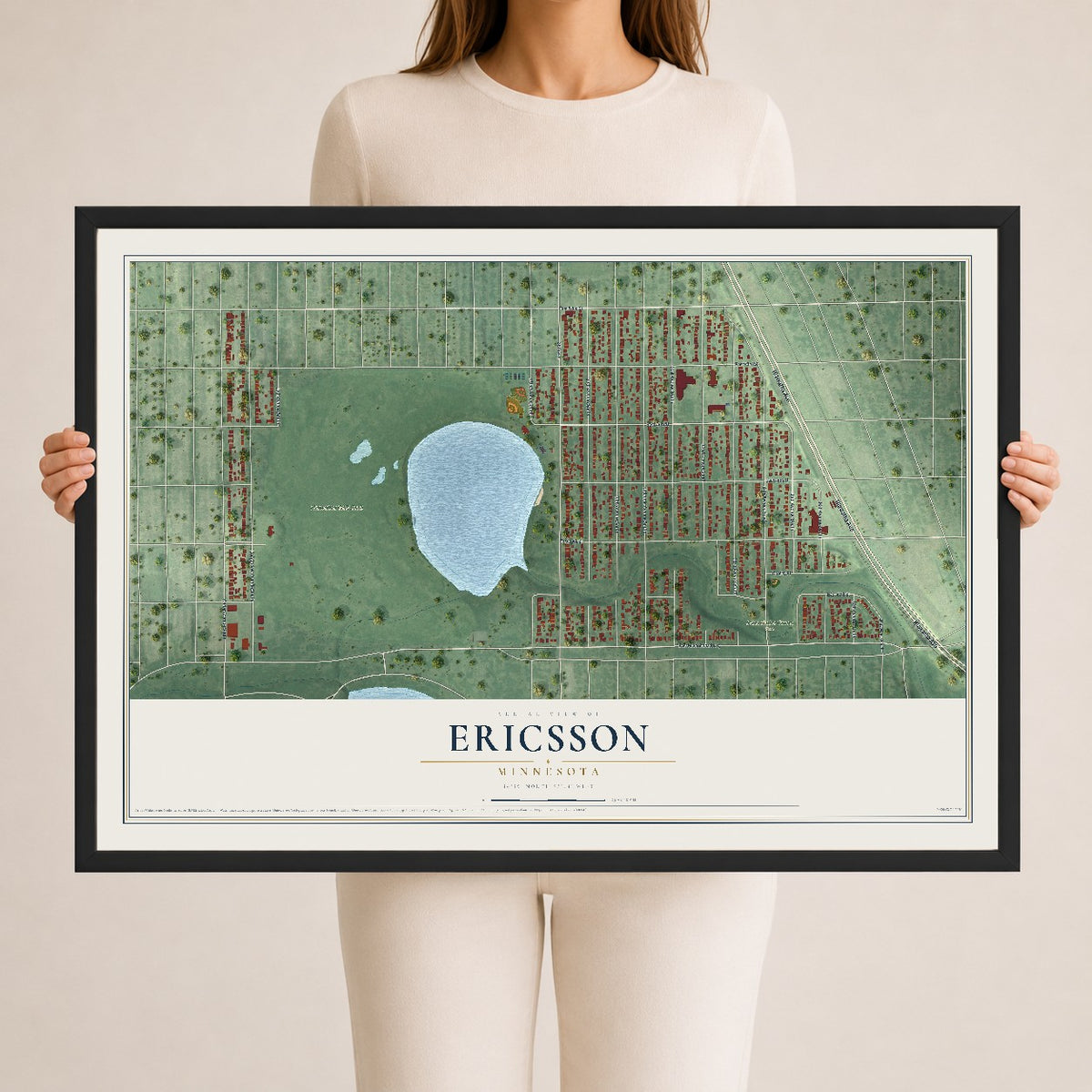 Map of Ericsson, Minnesota, 24 x 36 inch print in a black wood frame