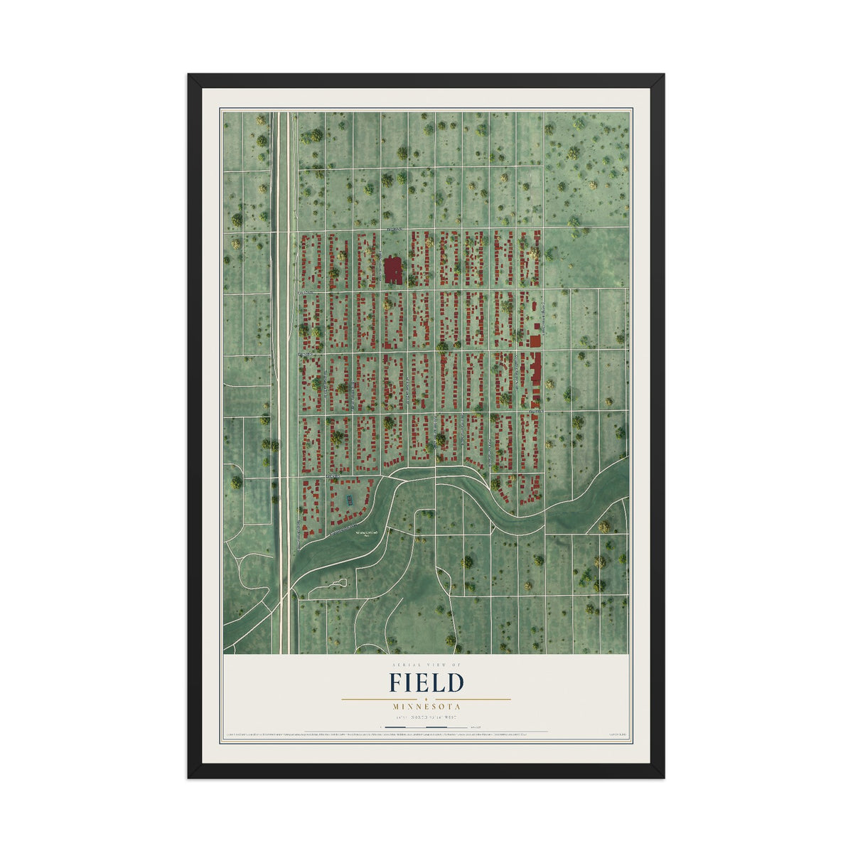 Map of Field, Minnesota, 12 x 18 inch print in a black wood frame
