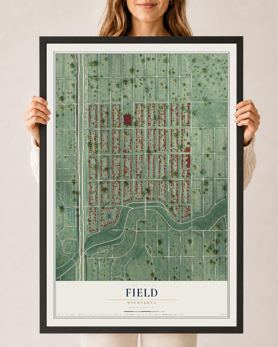 Map of Field, Minnesota, 24 x 36 inch print in a black wood frame