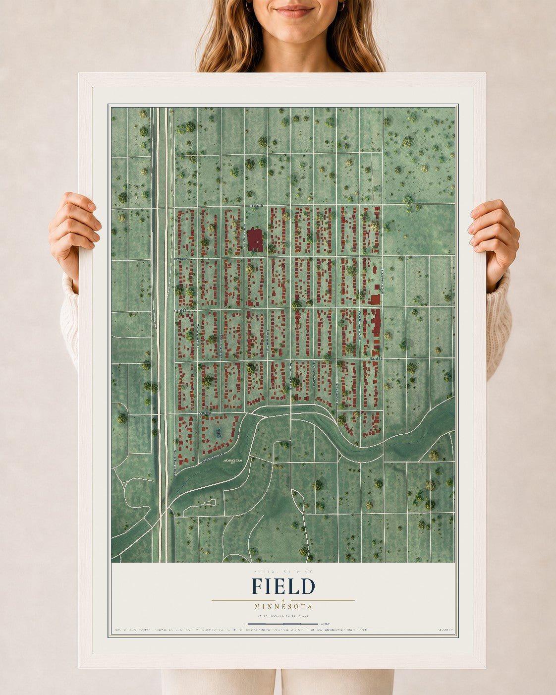 Map of Field, Minnesota, 24 x 36 inch print in a white wood frame
