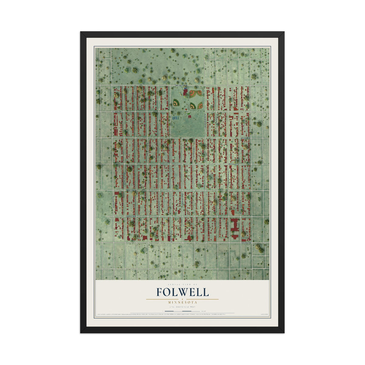 Map of Folwell, Minnesota, 12 x 18 inch print in a black wood frame