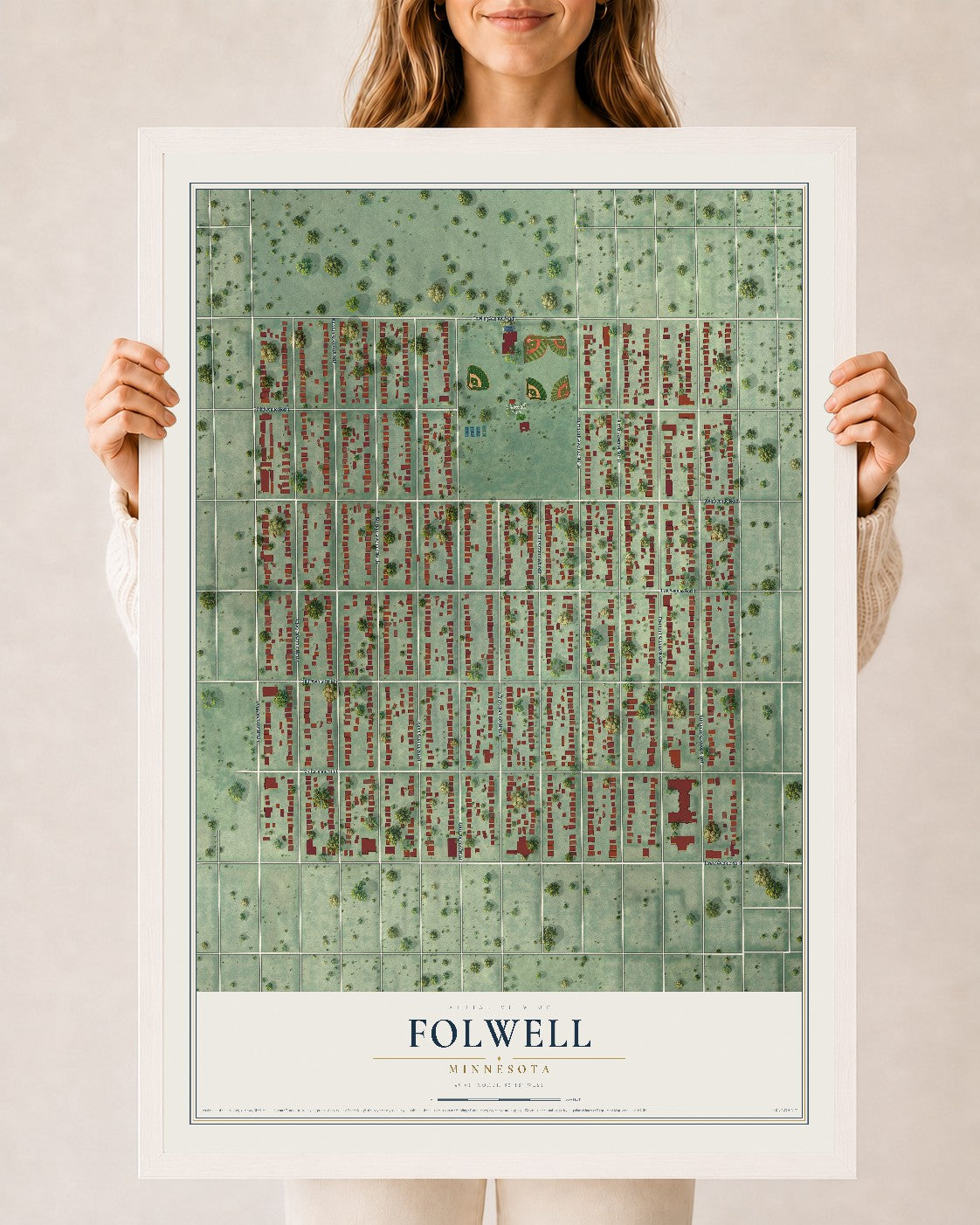 Map of Folwell, Minnesota, 24 x 36 inch print in a white wood frame
