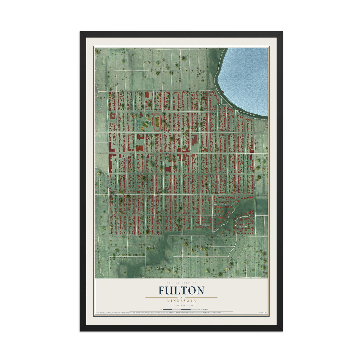 Map of Fulton, Minnesota, 12 x 18 inch print in a black wood frame