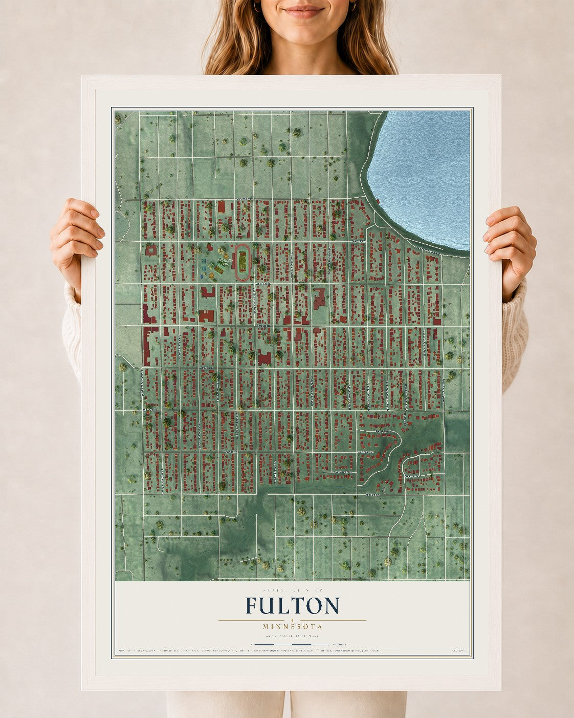 Map of Fulton, Minnesota, 24 x 36 inch print in a white wood frame
