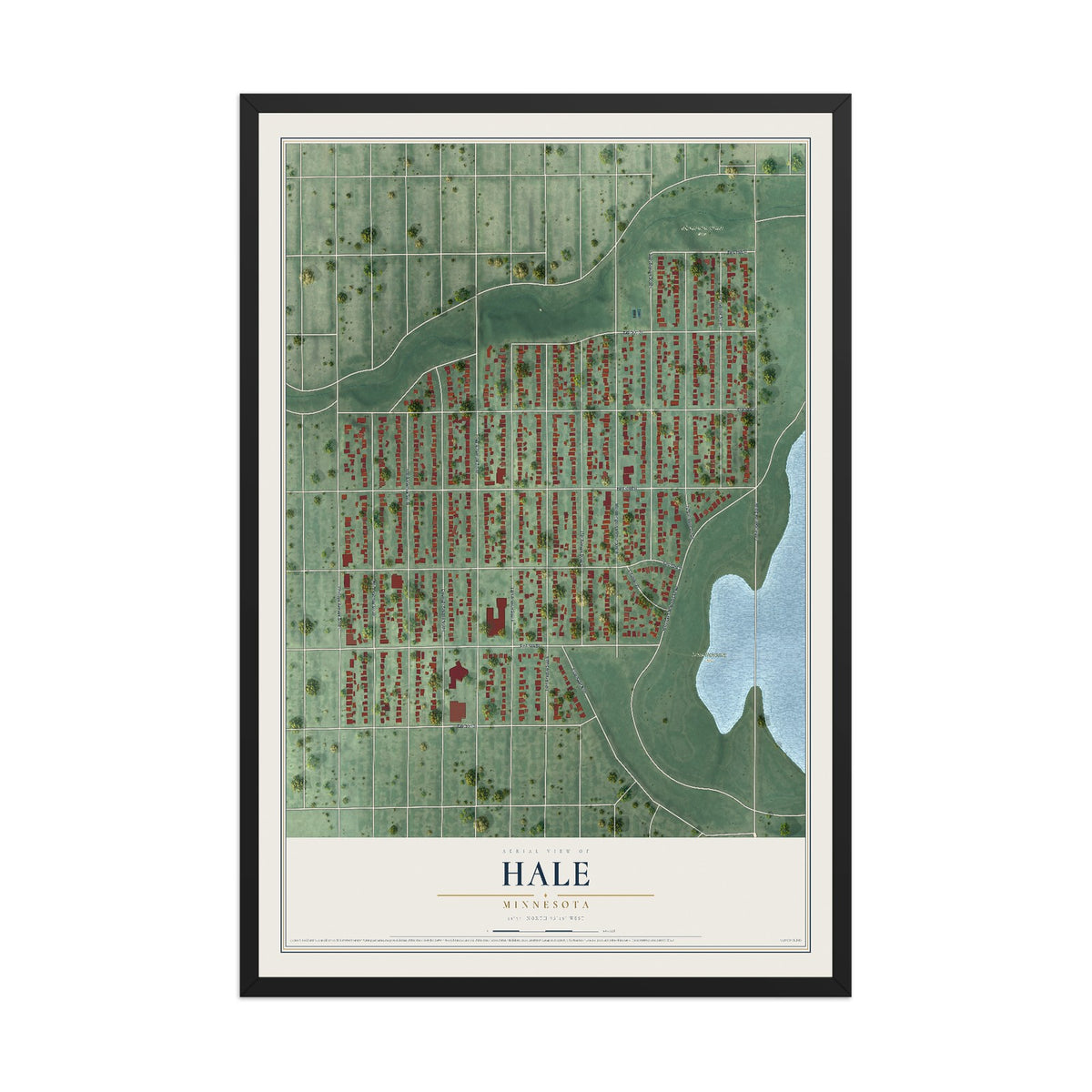 Map of Hale, Minnesota, 12 x 18 inch print in a black wood frame