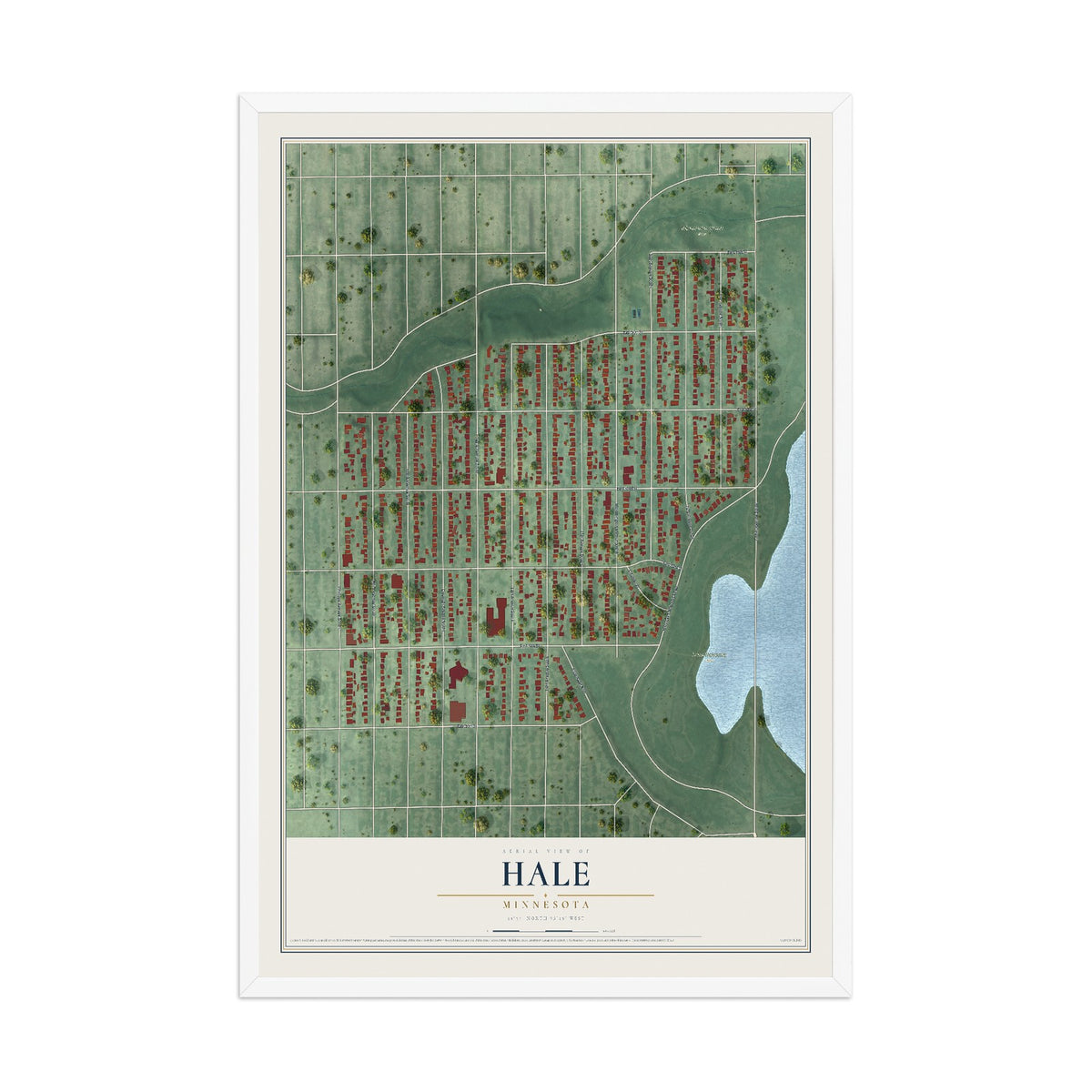 Map of Hale, Minnesota, 12 x 18 inch print in a white wood frame
