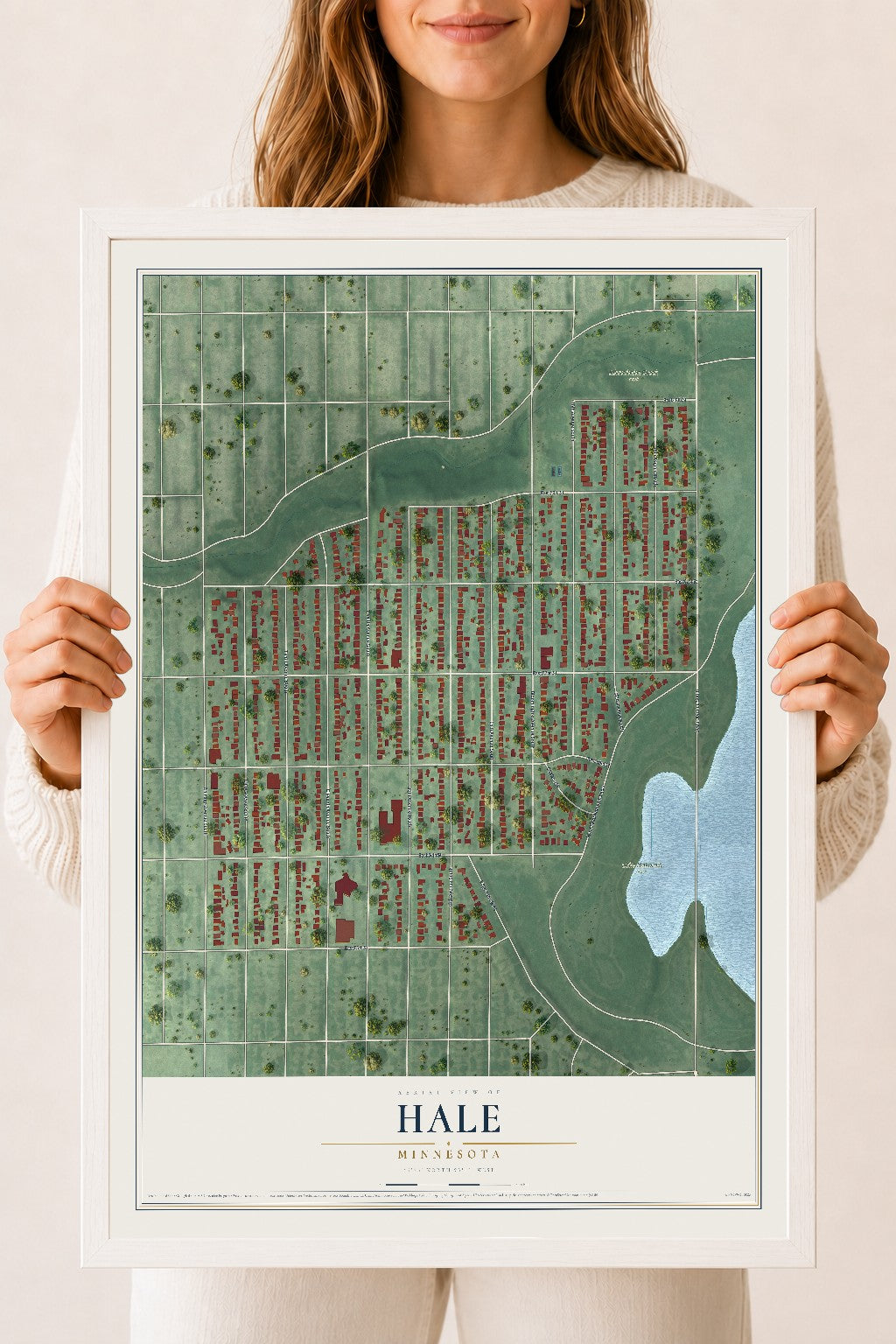 Map of Hale, Minnesota, 18 x 24 inch print in a white wood frame