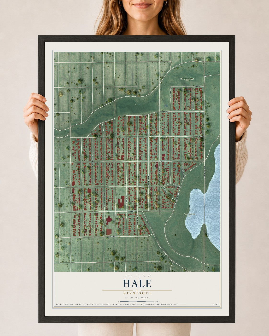 Map of Hale, Minnesota, 24 x 36 inch print in a black wood frame