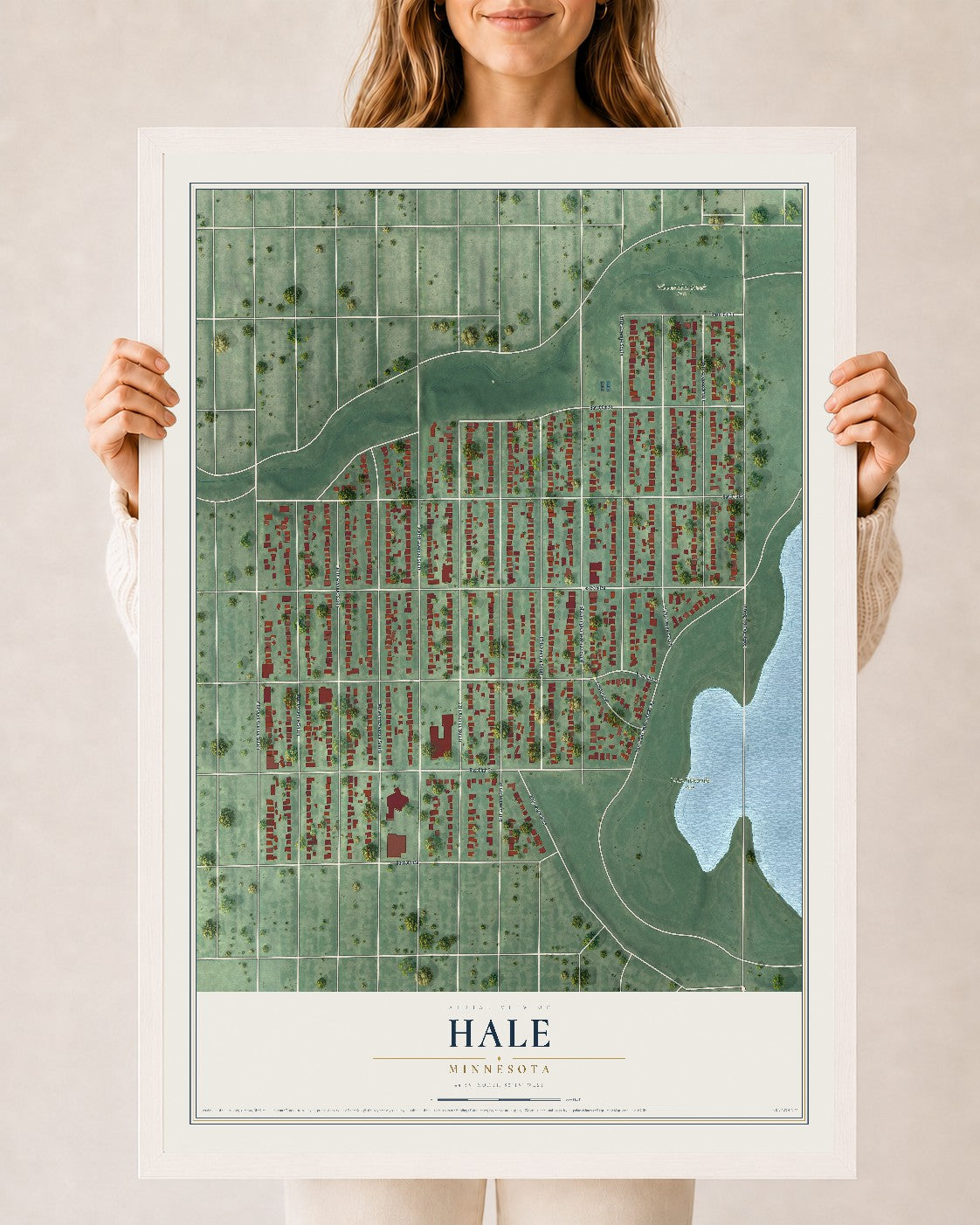 Map of Hale, Minnesota, 24 x 36 inch print in a white wood frame