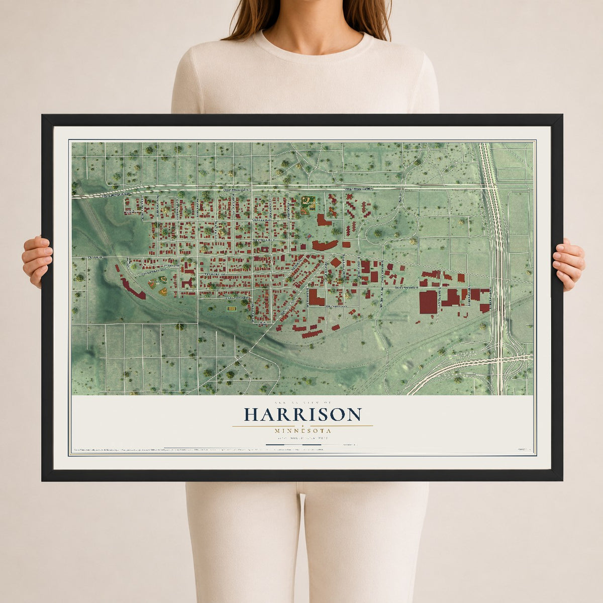 Map of Harrison, Minnesota, 24 x 36 inch print in a black wood frame