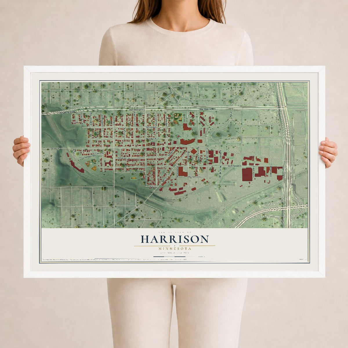 Map of Harrison, Minnesota, 24 x 36 inch print in a white wood frame