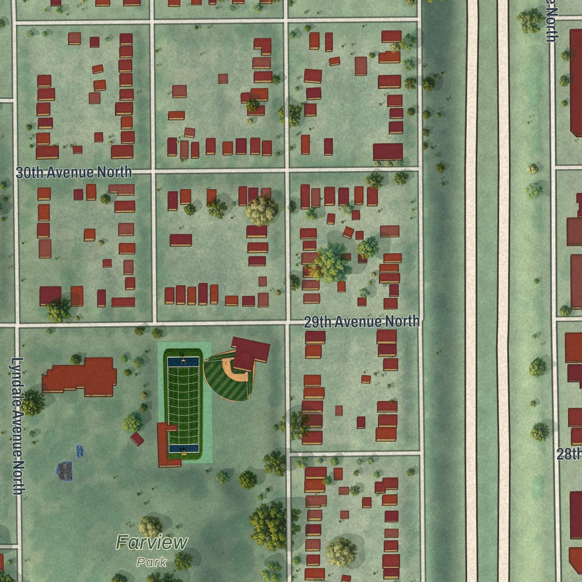 Second close-up of the map of Hawthorne, Minnesota print showing more streets and buildings