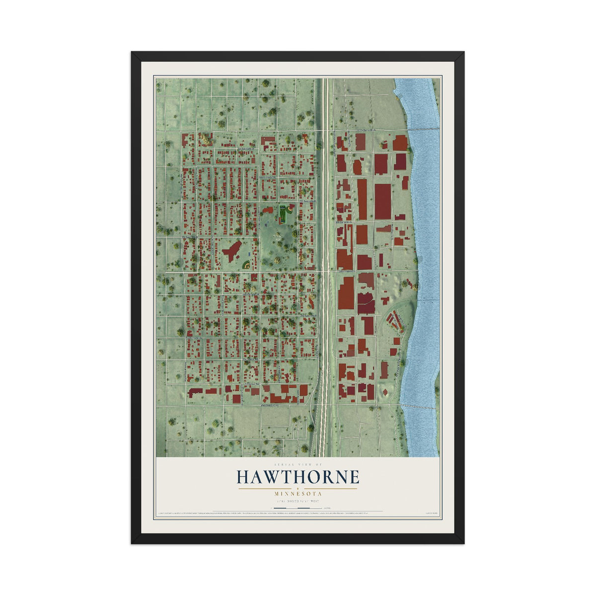 Map of Hawthorne, Minnesota, 12 x 18 inch print in a black wood frame