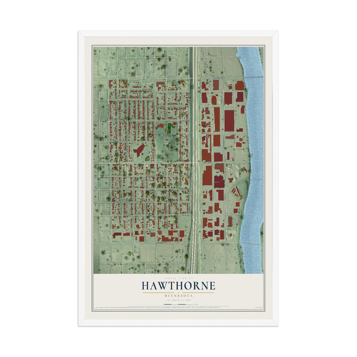 Map of Hawthorne, Minnesota, 12 x 18 inch print in a white wood frame