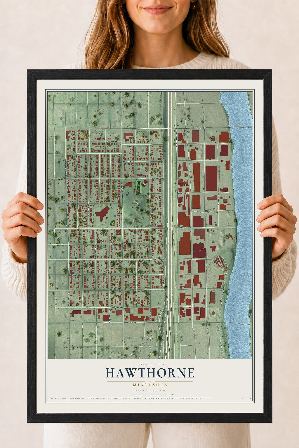 Map of Hawthorne, Minnesota, 18 x 24 inch print in a black wood frame