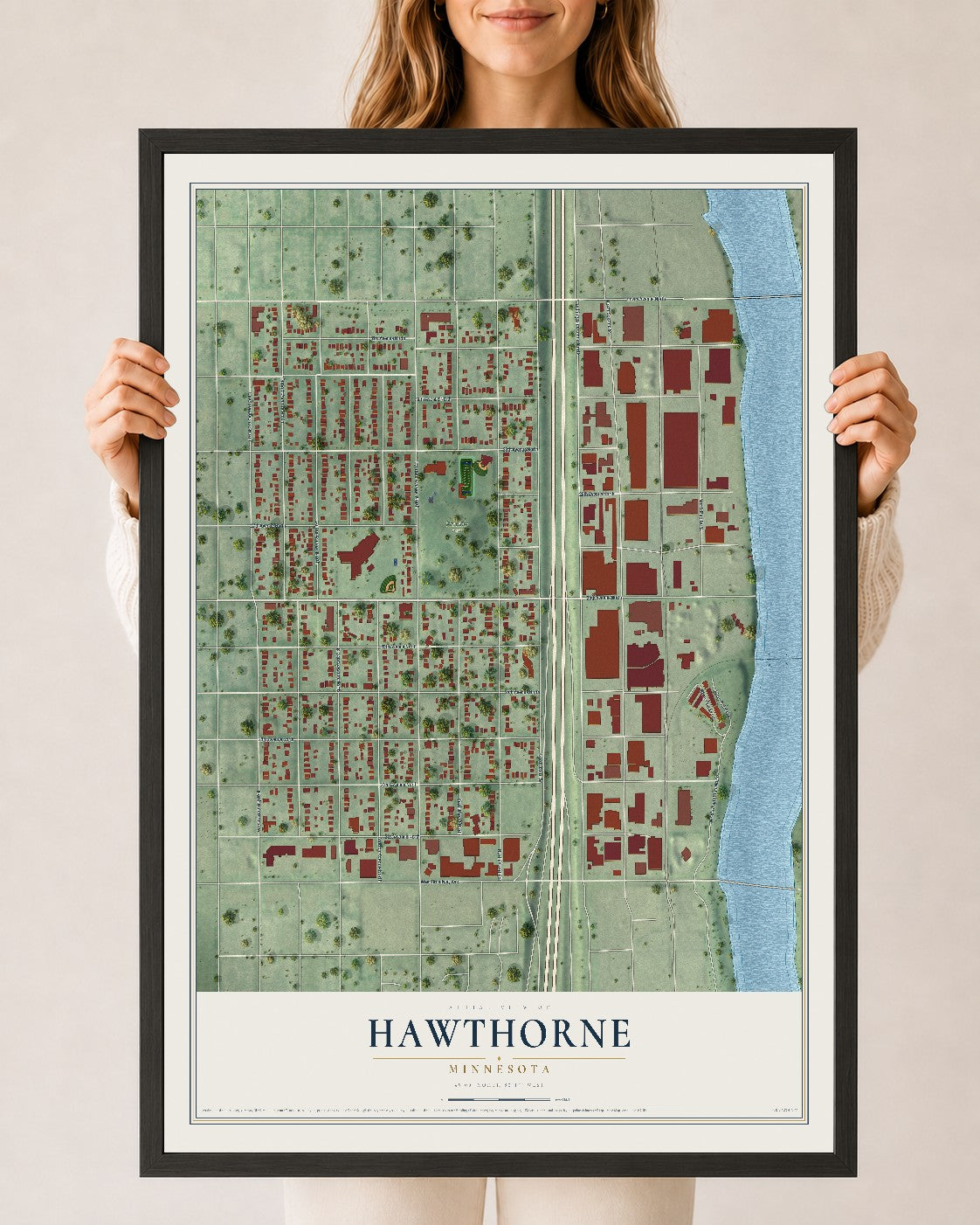 Map of Hawthorne, Minnesota, 24 x 36 inch print in a black wood frame
