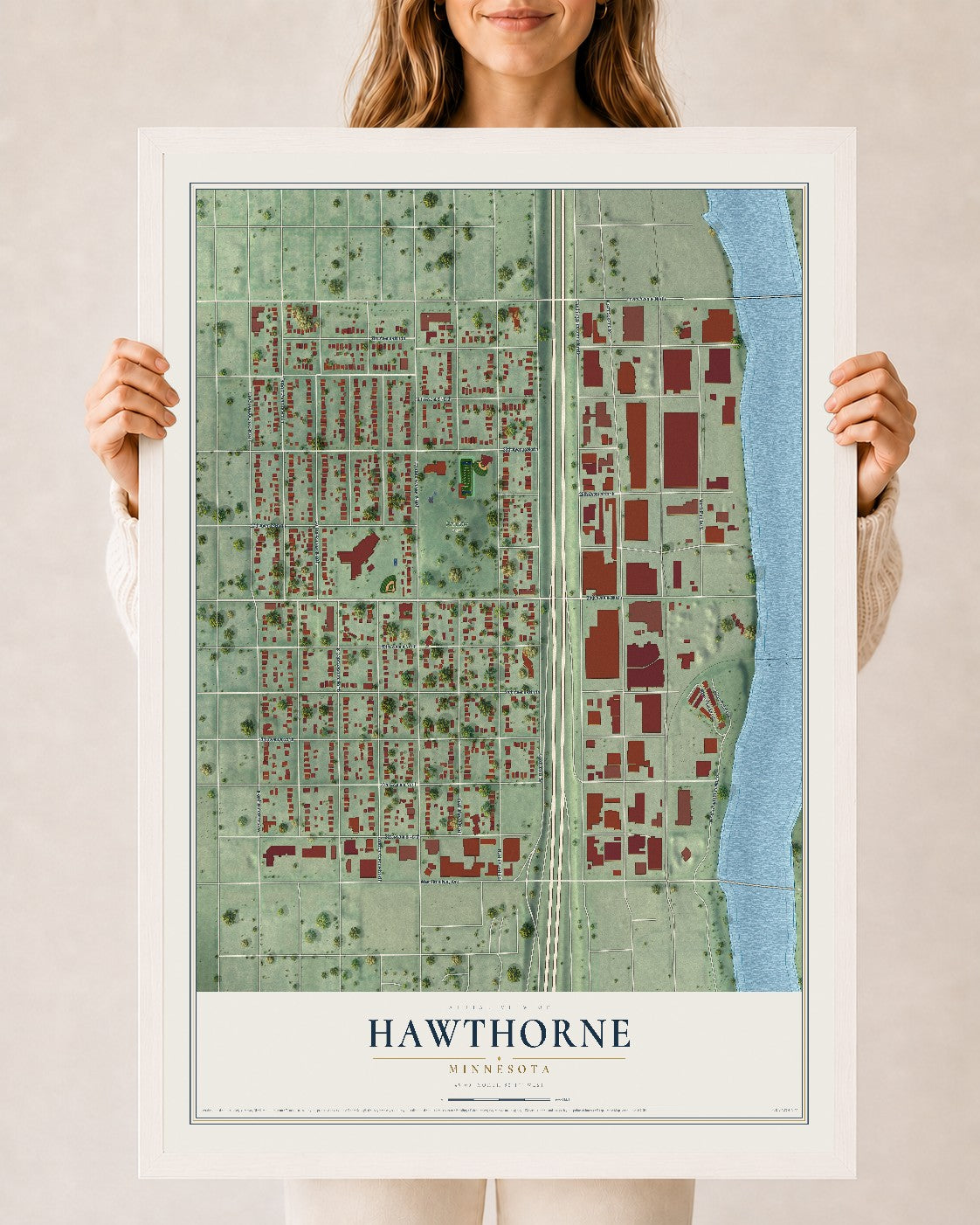 Map of Hawthorne, Minnesota, 24 x 36 inch print in a white wood frame