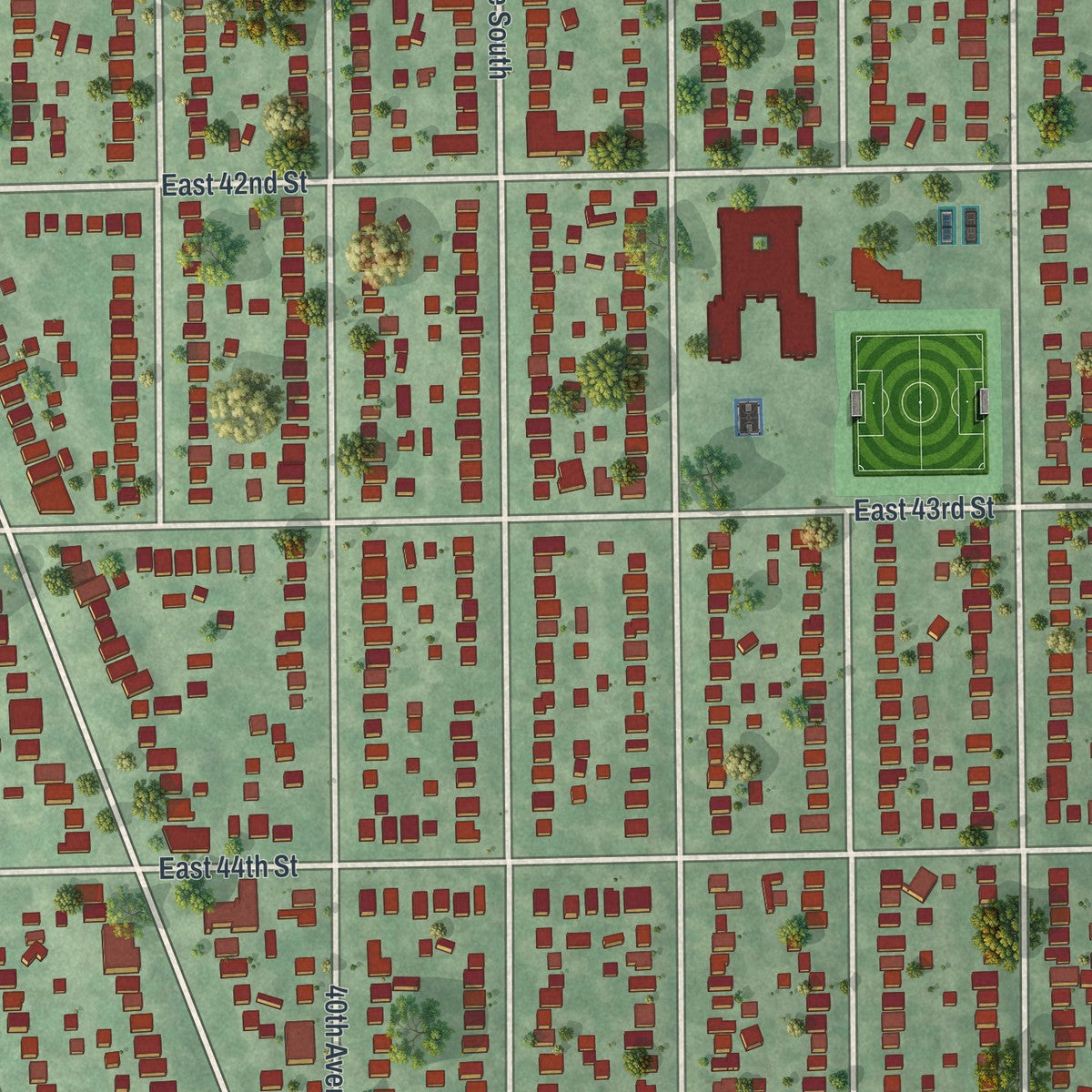 Close-up of the map of Hiawatha, Minnesota print showing street and building detail