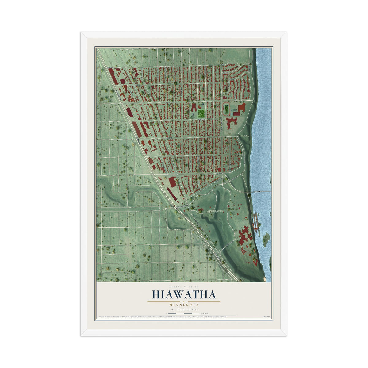 Map of Hiawatha, Minnesota, 12 x 18 inch print in a white wood frame