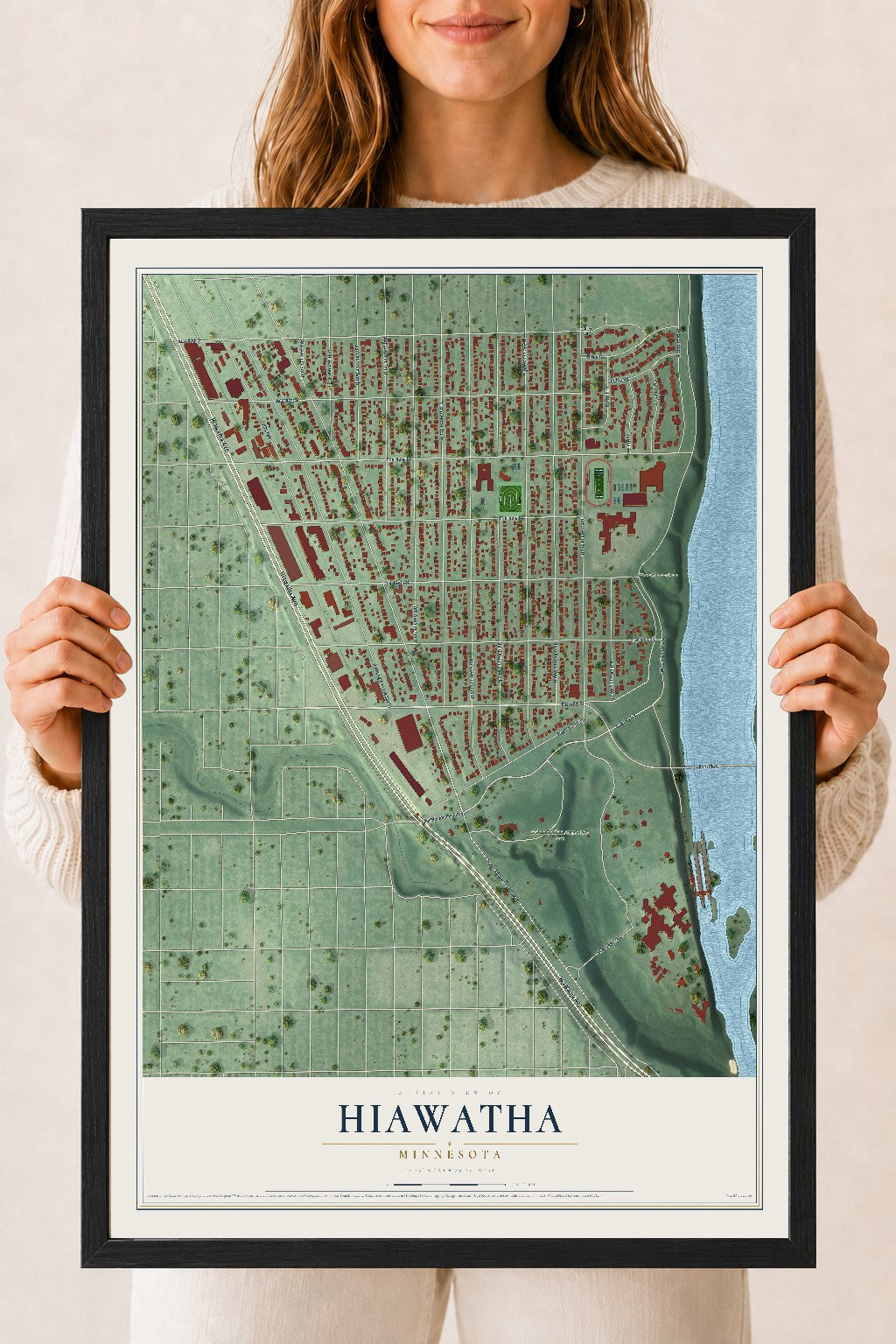Map of Hiawatha, Minnesota, 18 x 24 inch print in a black wood frame