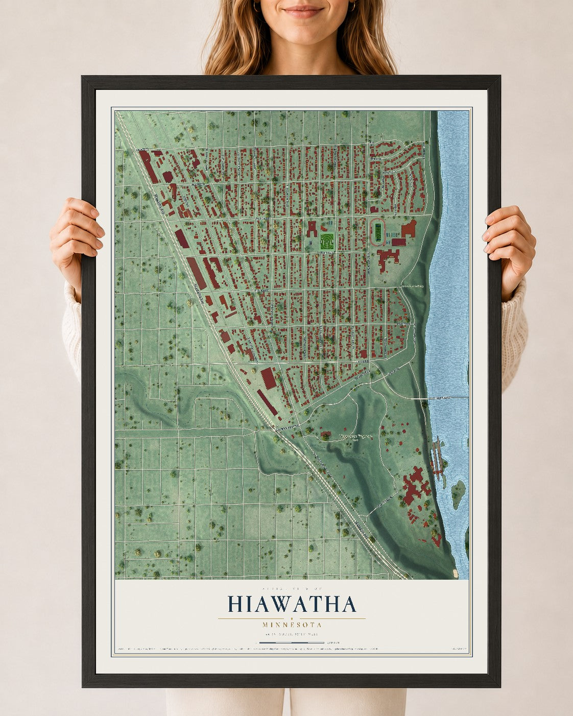 Map of Hiawatha, Minnesota, 24 x 36 inch print in a black wood frame