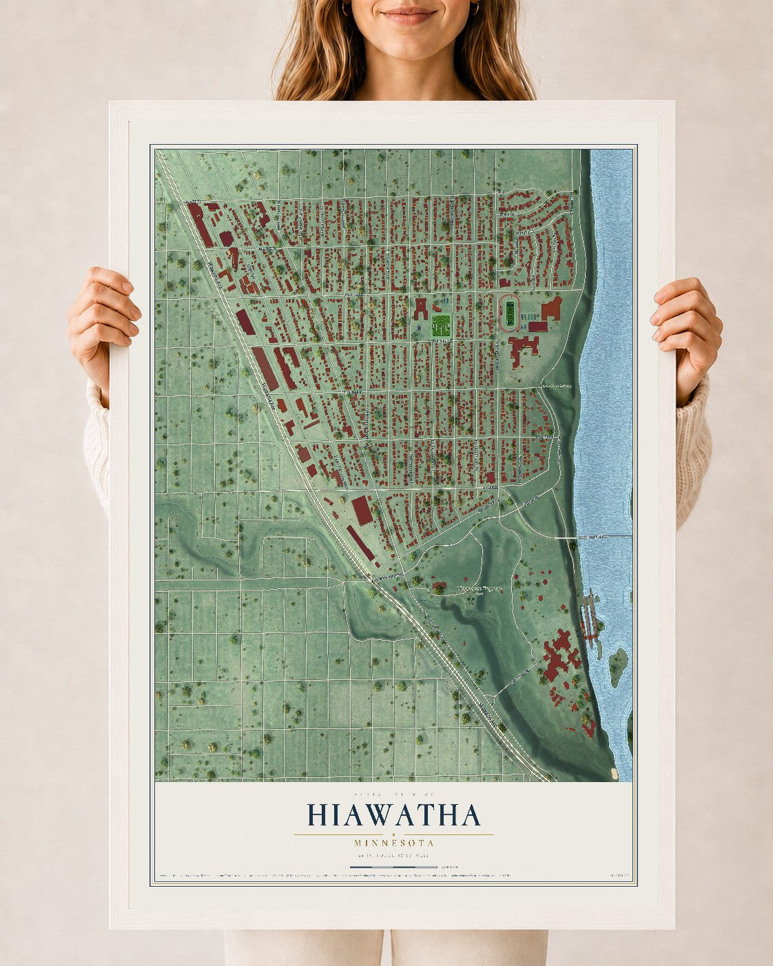 Map of Hiawatha, Minnesota, 24 x 36 inch print in a white wood frame