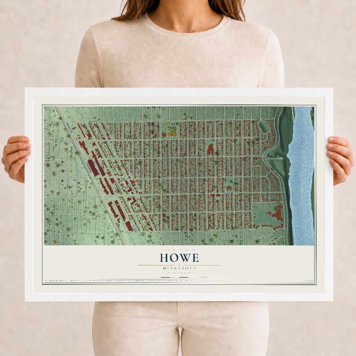 Map of Howe, Minnesota, 12 x 18 inch print in a white wood frame