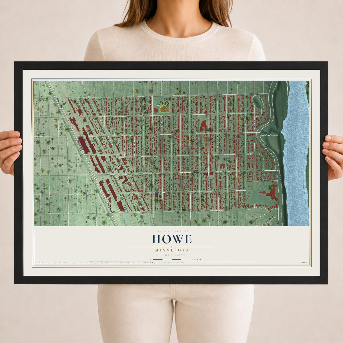 Map of Howe, Minnesota, 18 x 24 inch print in a black wood frame