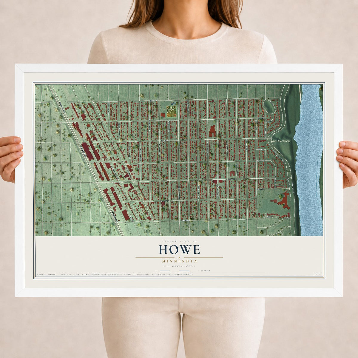 Map of Howe, Minnesota, 18 x 24 inch print in a white wood frame