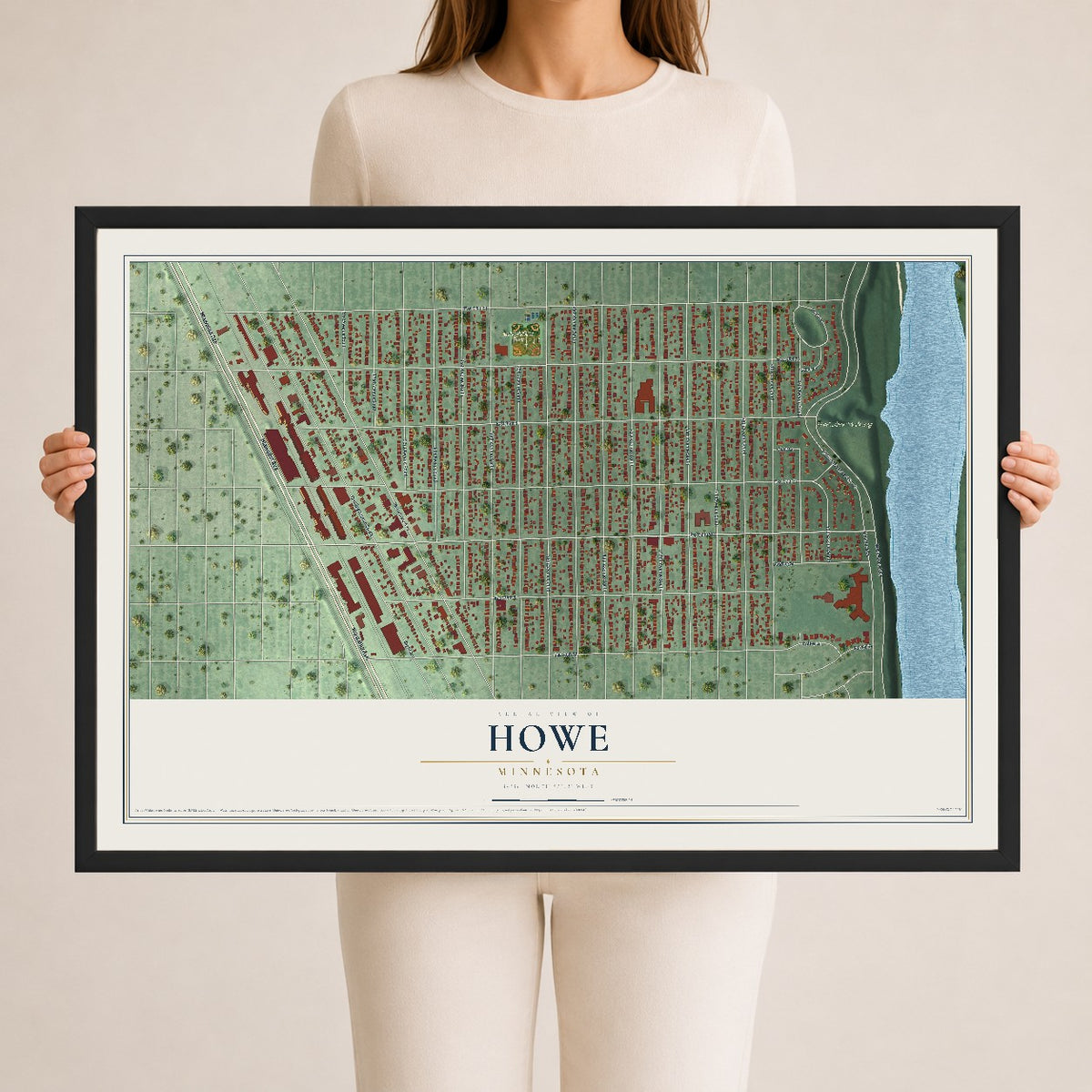 Map of Howe, Minnesota, 24 x 36 inch print in a black wood frame