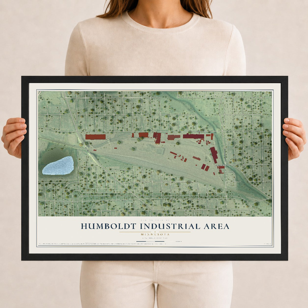 Map of Humboldt Industrial Area, Minnesota, 12 x 18 inch print in a black wood frame