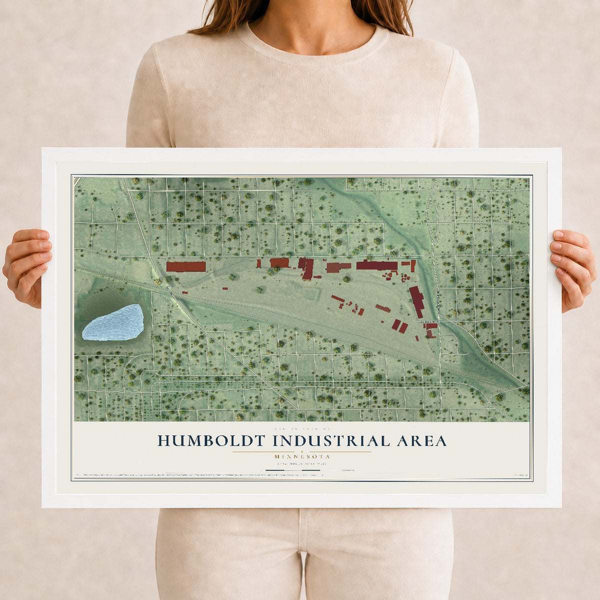 Map of Humboldt Industrial Area, Minnesota, 12 x 18 inch print in a white wood frame
